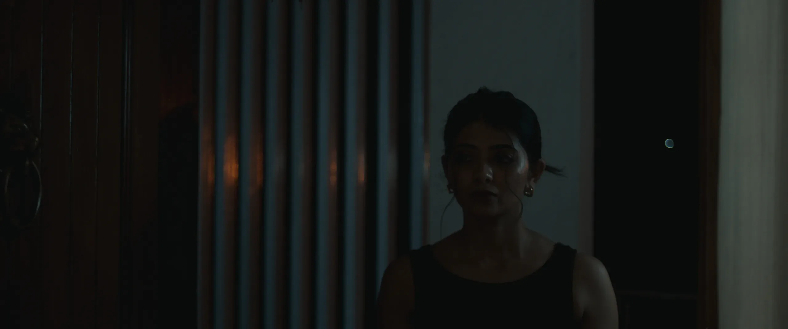 A woman in a dark top stands by a window with vertical blinds in dim, low light.